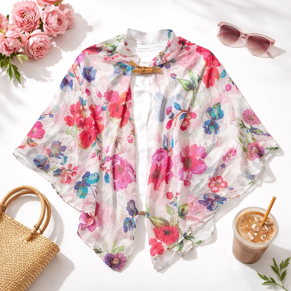 Floral Butterfly Lightweight Kimono Wrap Shawl Scarf One Size - Picture 2 of 10